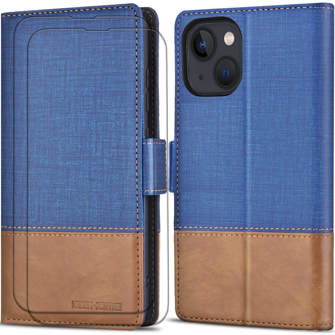 KEZiHOME Wallet Case for iPhone 13, PU Leather [Tempered Glass Screen Protector * 2][Magnetic Closure][RFID Blocking][TPU Shockproof][Kickstand] Flip Cover for iPhone 13 5G (6.1) (Navy Blue/Brown) — image 1