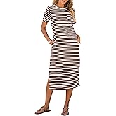 ANRABESS Womens Summer Casual Midi Dress Short Sleeve Crewneck T Shirt Long Dresses Split Stripe Beach Vacation Travel Outfit