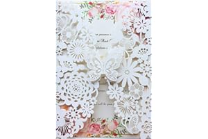 Hosmsua 50PCS 5.12 x 7.3 Ivory Laser Cut Lace Flora Wedding Invitation Cards with Butterfly and Envelopes for Bridal Shower Engagement Quinceañera Sweet 16 Birthday Wedding invite (Ivory)