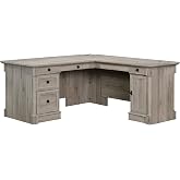 Sauder Palladia L Shaped Desk with Drawers, Office Desk with File Cabinet Storage, Cable Management, Keyboard Tray, in Split Oak finish