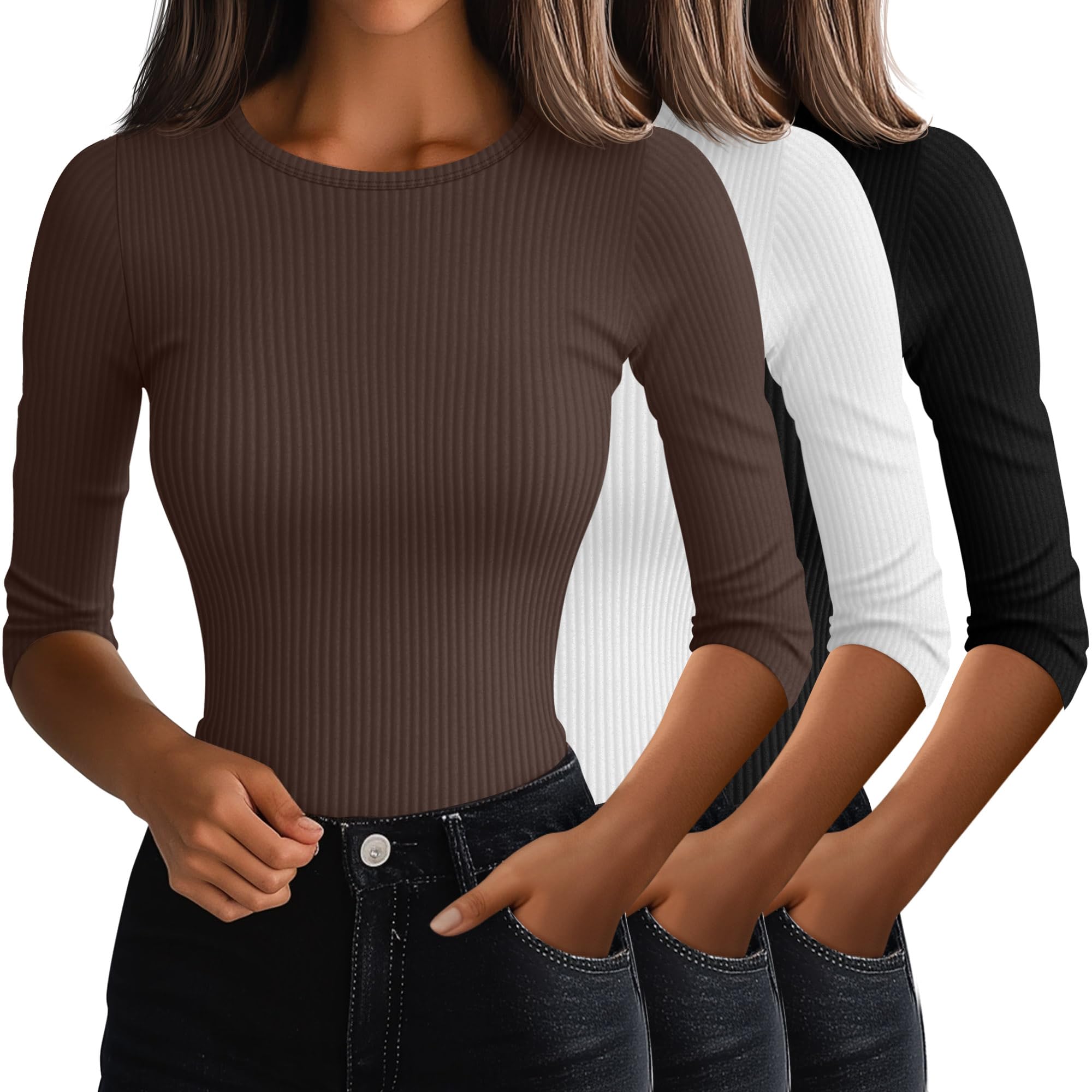 Ficerd 3 Pack 3/4 Sleeve Tops for Women Cotton Knit Ribbed T Shirts