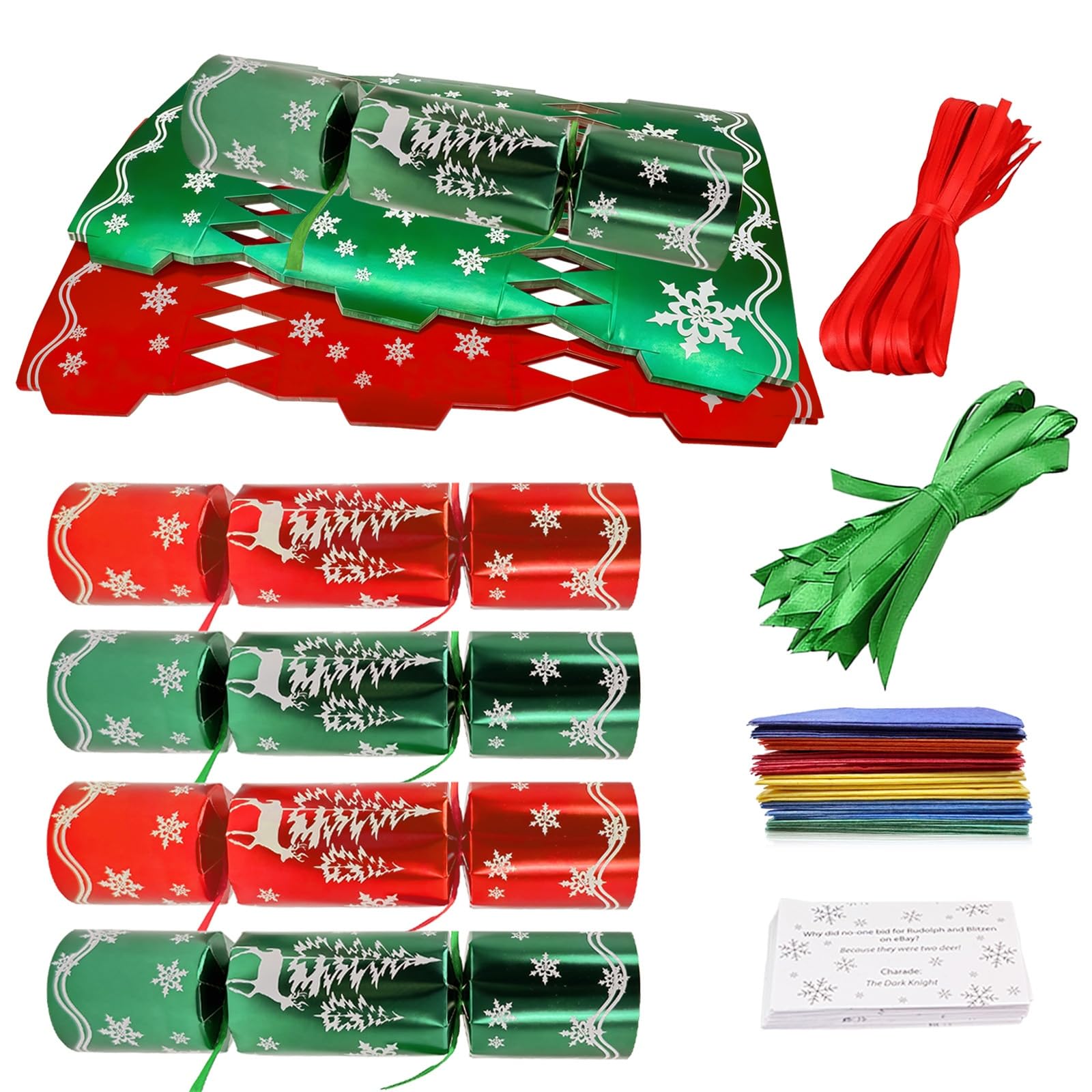 Make Your Own Christmas Crackers Kit Decorations,32 Packs No Snap Green Red Foil Snowflake Gift Boxes Diy Christmas Crackers Bulk with Hats Jokes,Luxury Xmas Party Cracker Making Kit for Kids Adults