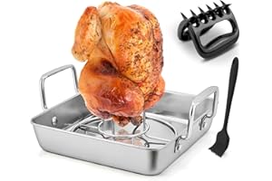LIANYU Roasting Pan with Beer Can Chicken Holder, Stainless Steel Roaster Pan for Grill Smoker or Oven, Heavy Duty Lasagna Veggies Cooking Tray, Plus Meat Claws & Brush, Dishwasher Safe, 5 Pieces