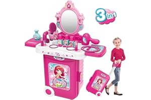 Role Play Vanity Jewelry Play Kit 3 in 1 Girls Makeup Dressing Table with Light Mirror Hair Dryer Accessorie Gift Toy for Kid