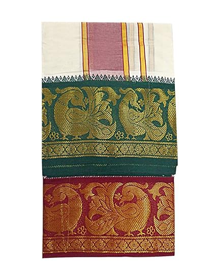 White Cotton Dhoti with Angavastram For Men (Size:9x5)