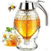 Timtopno Honey Dispenser No Drip, Glass Honey Container with Stand | Honeycomb Glass Body, Durable ABS Plastic Handle, Silicone Stopper, Honey Pot and Jar, Maple and Chocolate Syrup, Gift