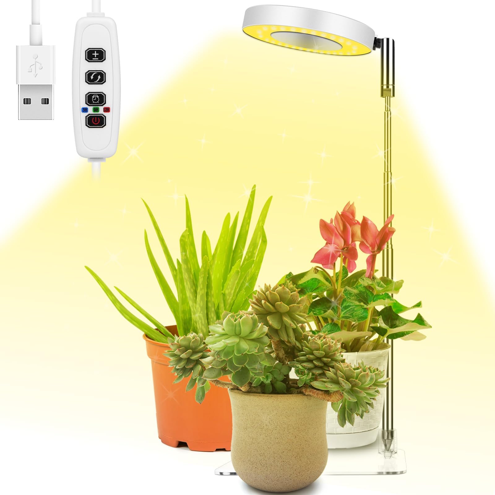 Ainiv Plant Grow Light with Base, 48 LEDs Full Spectrum LED Plant Light for Indoor Plants, Height Adjustable, Auto On/Off Timer 3/9/12H Growing Lamp with 9 Dimmable Brightness, Ideal for Small Plants