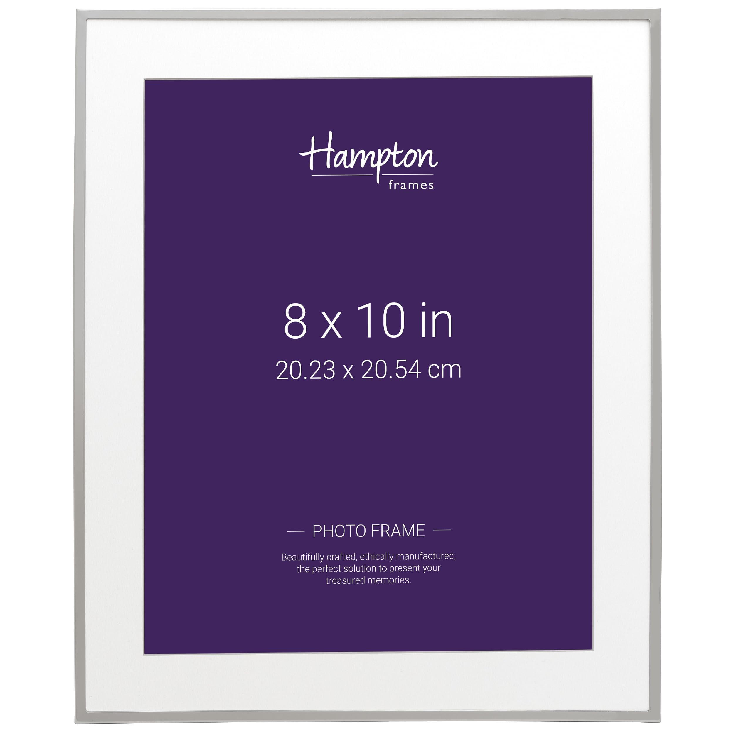 Hampton Frames | MAYFAIR Silver Plate Photo Picture Frame BSN13880 | 8x10in (20x25cm), Bevel Cut Mount, Glass Aperture | Freestanding or Wall Mount | Classic Silver Photo Display
