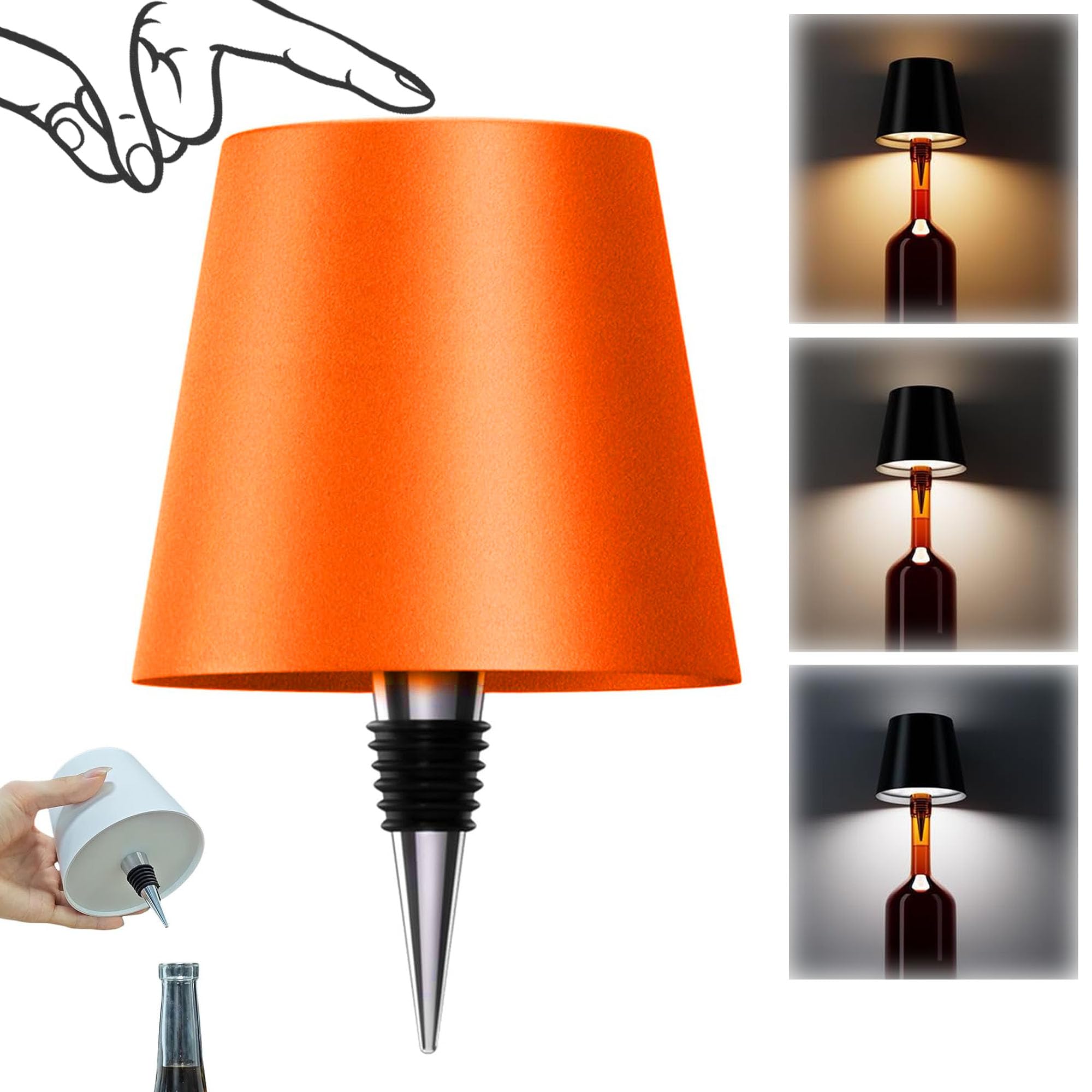 AIMARS Wireless Bottle Lamp, 3 Color Stepless Dimming Wine Bottle Lamp, LED Rechargeable Touch Control Wireless Bottle Lampshade for Bedroom, Restaurant, Bar (Orange, 1-Pack)