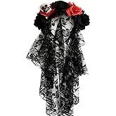 YTAONS Halloween Flower Headband with Black Veil Skull, Floral Crown Headpiece for Day of The Dead Gothic Costume Accessories