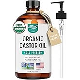 SYLVANA Organic Castor Oil with Pump (16oz Glass Bottle), USDA Certified Organic, Cold Pressed, Hexane Free, Vegan - 100% Pure Castor Oil for Hair Growth, Nourishing Skin, Lashes & Eyebrows