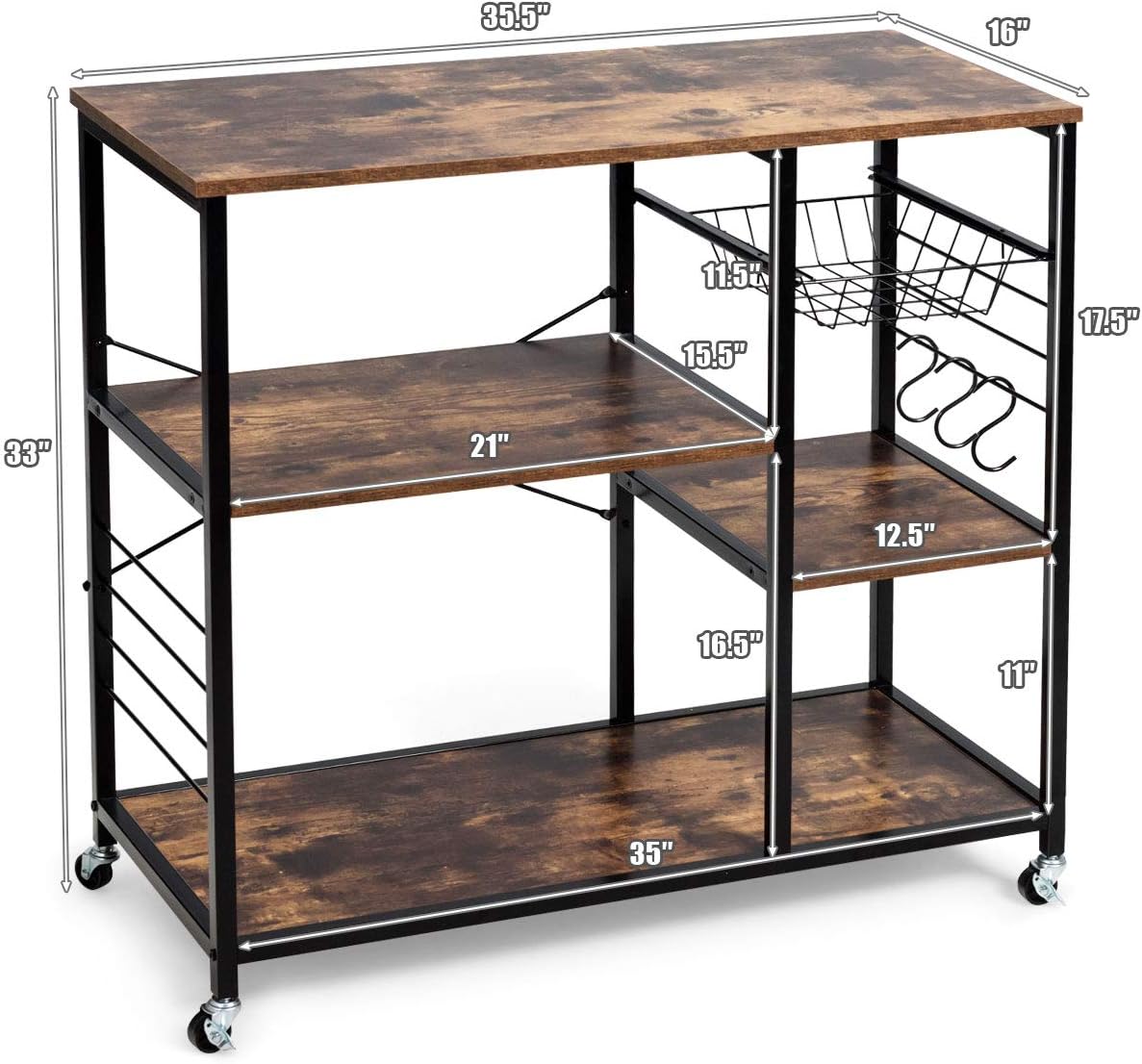 Giantex Industrial Kitchen Baker's Rack with Lockable Universal Wheel, Microwave Oven Stand, Metal Frame, Utility Storage Shelf, Basket and Hooks, Easy Assembly (Brown) - Standing Baker's Racks