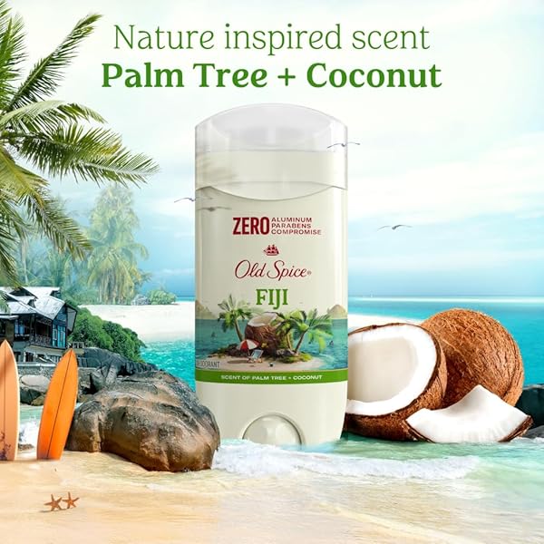 OLD SPICE ALUMINUM FREE DEODORANT FOR MEN, 24/7 LASTING FRESHNESS & LONG LASTING SCENT, 24/7 SWEAT & ODOR PROTECTION, FIJI WITH PALM TREE + COCONUT SCENT, 3.0 OZ