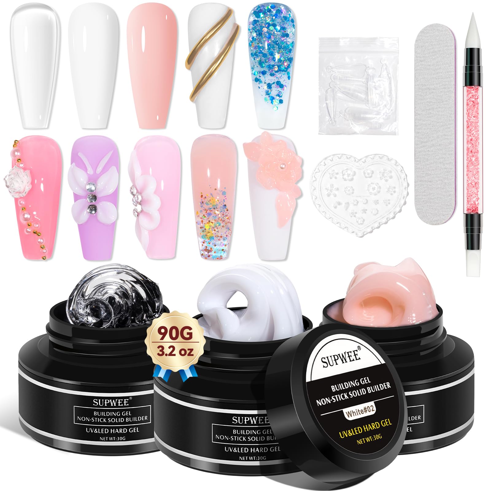 SUPWEE 3D Nail Gel for Nail Extension Gel Kit 3PCS*30g Clear White Nude Non-Stick Hand Nail Sculpture Solid Builder Gels 3D Carving Patterns Decoration Art