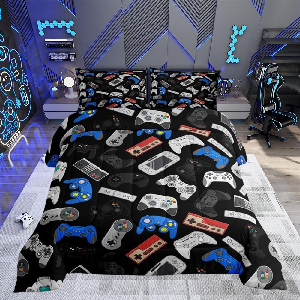 Gamer Bedding Set Modern Gamer Duvet Insert for Kids Boys Children Youth, Video Game Player Gaming Joystick Duvet Insert for Bedroom, Black Blue Double Size — image 1
