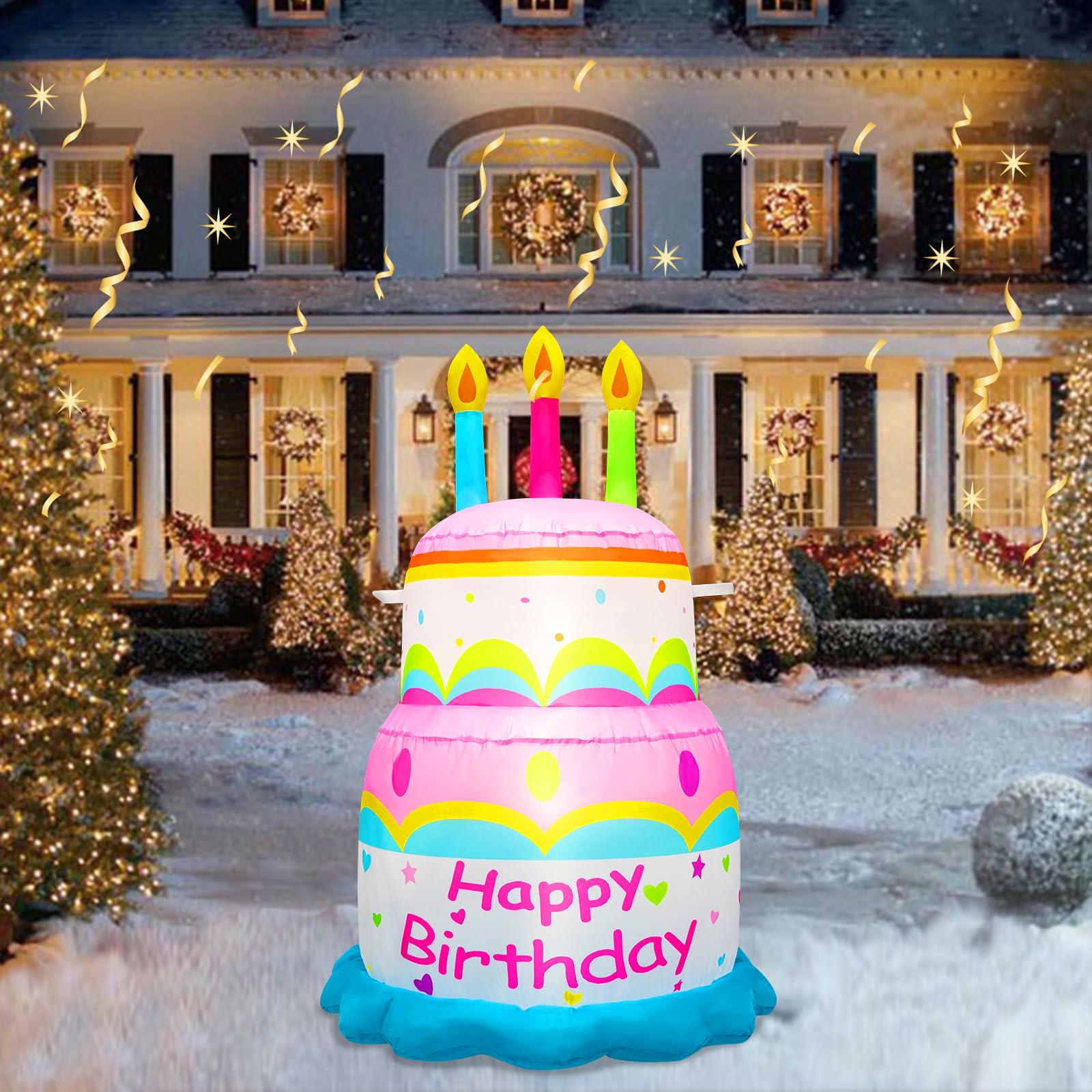 Photo 1 of [2025 New] 4FT Inflatable Happy Birthday Cake Decorations, with Candles, Build-in LED Lights,Birthday Cake Blow up Outdoor Yard Decorations for Birthday Party Indoor Home Celebration Garden Lawn