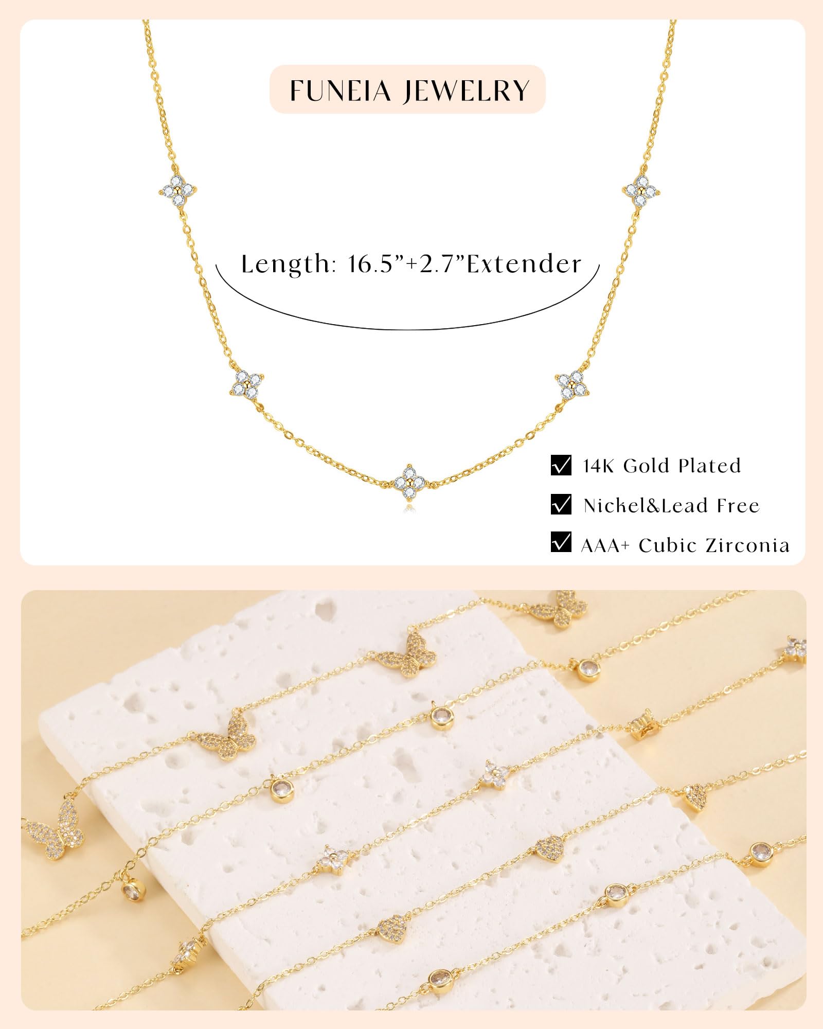 FUNEIA Dainty Silver Gold Necklaces for Women Trendy Non Tarnish 14K Gold Plated Cubic Zirconia Necklace Layered Cute Butterfly Heart Station Choker Necklace Stack for Wedding Prom Brides Jewelry