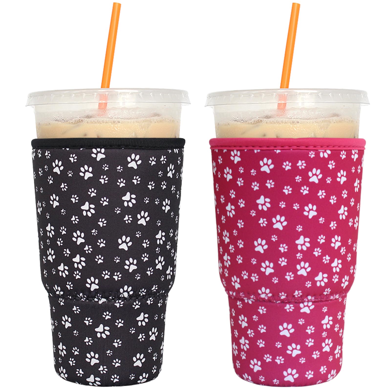 Photo 1 of 2 Pack Reusable Iced Coffee Sleeves - FRRIOTN Insulator Sleeve for Large Size Cold Beverages, Neoprene Coffee Cup Holder (Paw print, Large 32oz)