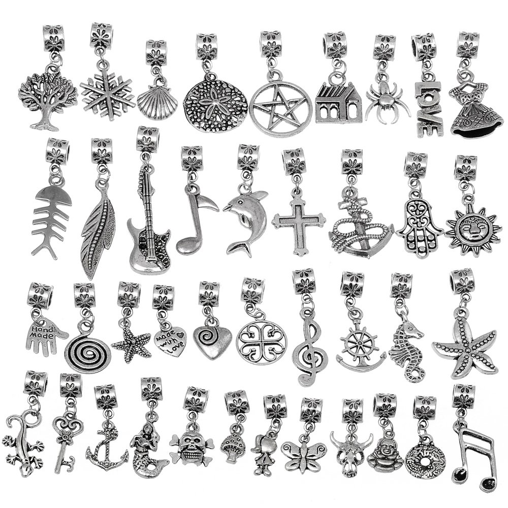 RUBYCA 120Pcs Tibetan Silver Color Connector Bails Mix Beads with Pendant fit Charm Bracelet 202