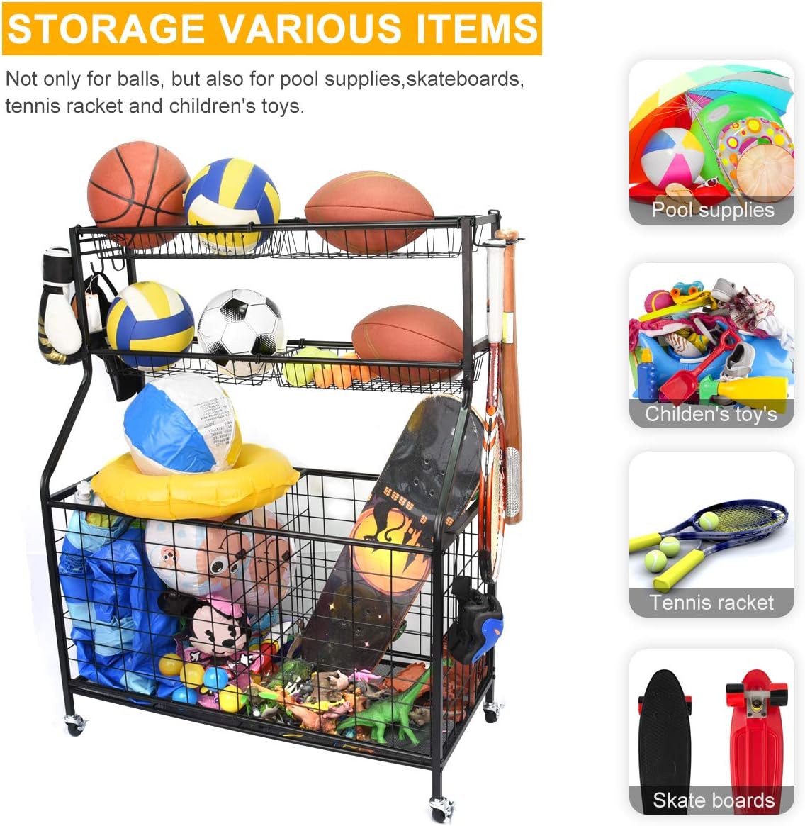 Kinghouse Garage Sports Equipment Organizer, Ball Storage Rack, Garage Ball Storage, Sports Gear Storage, Garage Organizer with Baskets and Hooks, Rolling Sports Ball Storage Cart, Black, Steel: Sports & Outdoors