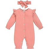 TITKKOP Newborn Baby Girl Fall Winter Romper Long Sleeves Ribbed One-Piece Outfits with Headband Coming Home Jumpsuit