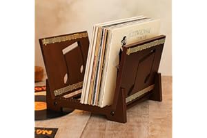 QURAS Vinyl Record Storage Stand for 12" LPs – Desktop Record Holder Rack for 50–75 Albums – Wooden Vinyl Display Shelf with Music Note Design for Home, Studio & Collectors