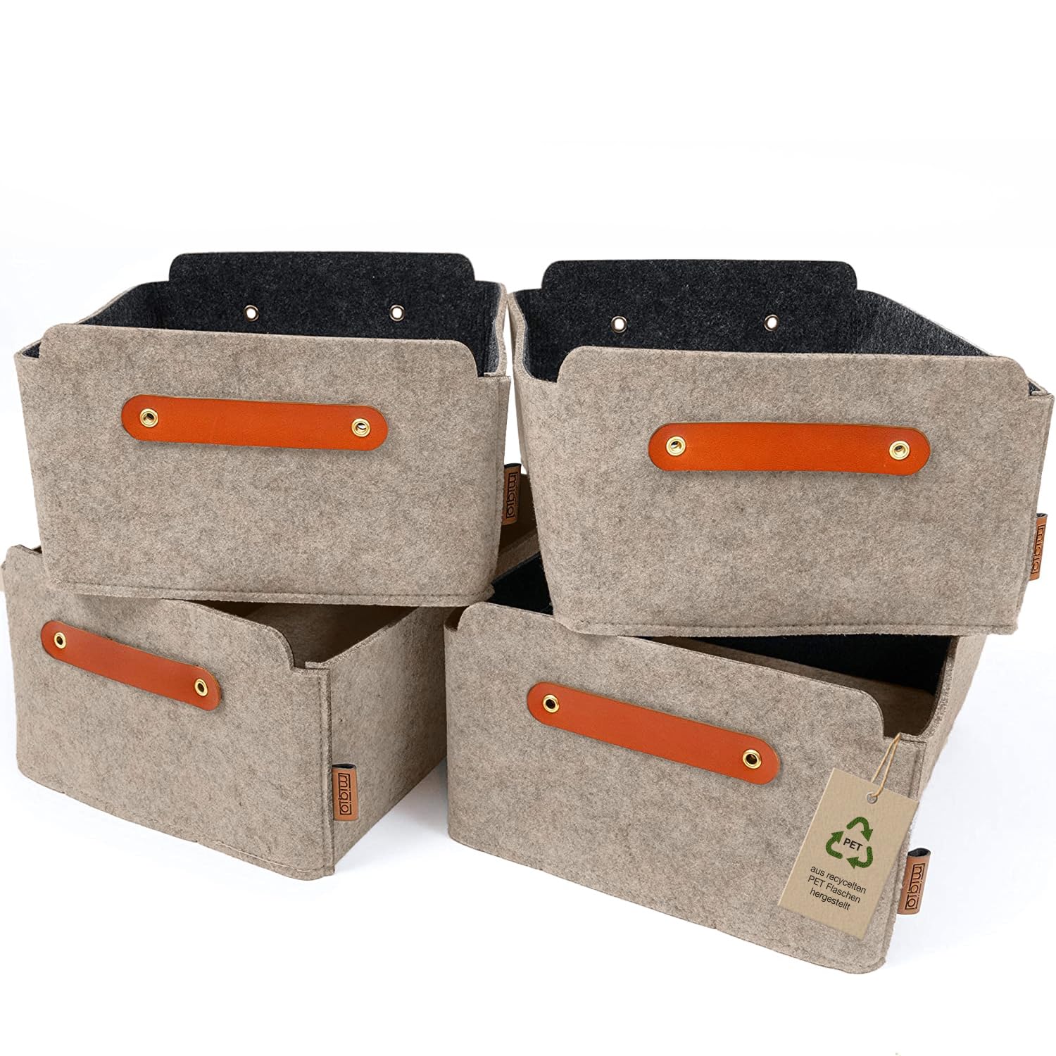 Miqio® Felt Storage Box with Leather Handle, Set of 4, Size 12x10x6 inch,Beige