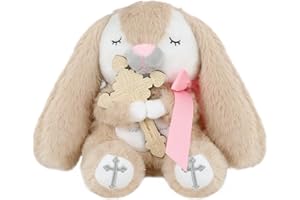 Malihome Prayer Bunny Stuffed Animal with Wooden Praying Cross Baptism Gifts for Newborn Baby, Boys and Girls Enduring Comfort 8.5 inches (Pink)