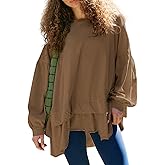 MAOECO Womens Long Sleeve Oversized Tshirts Flowy Peplum Top Loose Fit Tunics Tops to Wear With Leggings Workout Shirts Khaki L