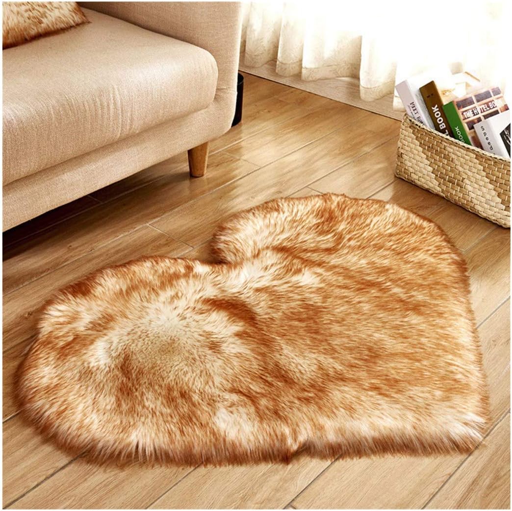 wuayi Floor Rug Artificial Sheepskin Wool Warm Hairy Soft Heart-Shaped Carpet Seat Mats Chair Cover Floor Mat for Dining Living Room Bedroom (Yellow White)