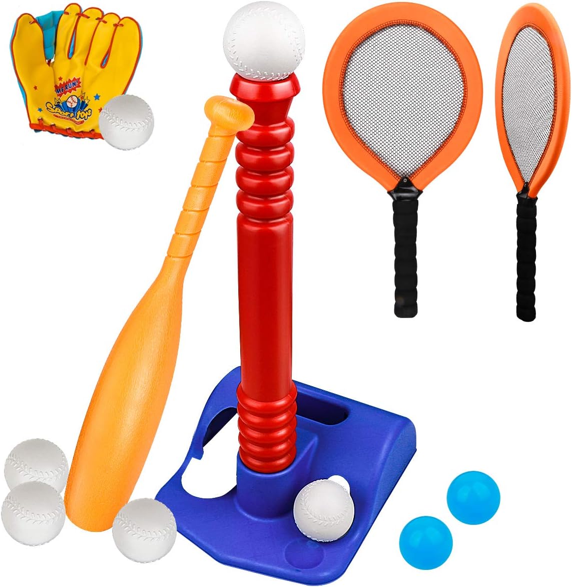 Meland T-Ball Set for Toddlers - Tee Baseball Sport Game with Toy Tennis Rackets, Baseball Gloves, 7 Balls, Outdoor Toy Birtday for Kids: Toys & Games
