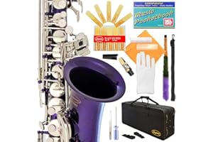 Lazarro Professional Purple Body Silver Keys E-flat Eb Alto Saxophone Sax with 11 Reeds, Case, Music Book, Mouthpiece and Many Extras, 370-PR