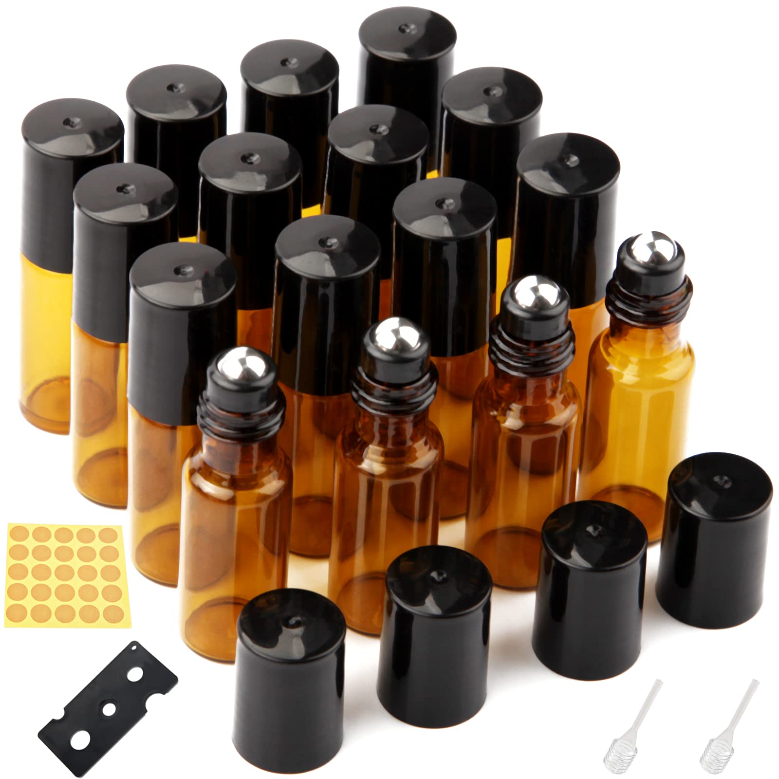 DKBT Essential Oil Roller Bottles 16Pcs 5ml Empty Rollerball Bottle with Stainless Steel Roller Balls Amber Glass for Essential Oils Perfumes Cosmetics Aromatherapy Massage
