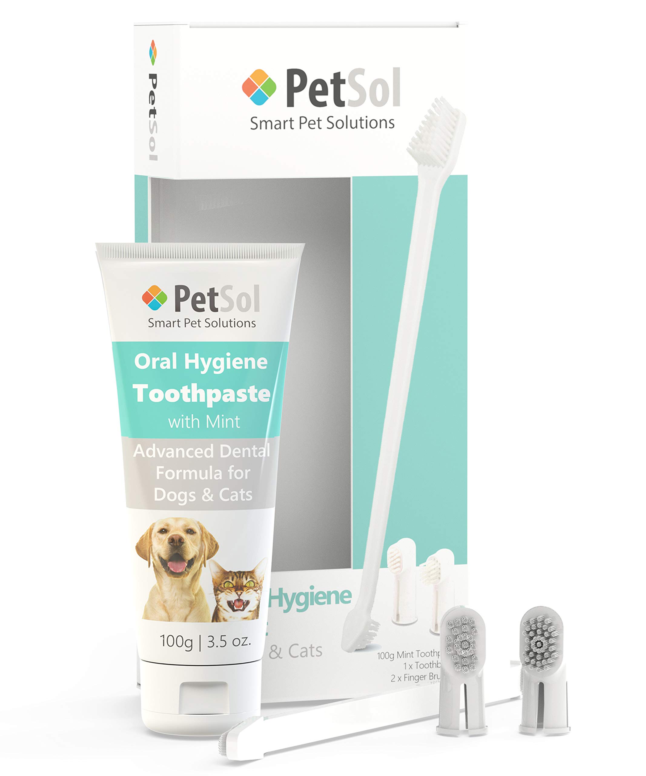 PetSol Dental Care Kit for Dogs & Cats Toothpaste (100g) with 3 x Toothbrushes to Clean Pet's Teeth, Remove Plaque and Tartar, Improve Gum and Tooth Health & Pet Oral Hygiene