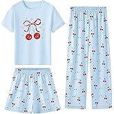 Umeyda Girls Pajamas Set, Cotton Pjs Cartoon Pattern 3PCS Sleepwear Lounge for Kids Size 5-14