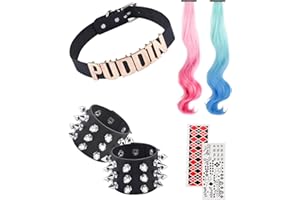 ABONDEVER Quinn Puddin Choker Halloween Set Adjustable Punk Leather Letter Collar Necklace Tattoo Stickers Rivets Spike Bracelet Halloween Harley Cosplay Accessories for Women