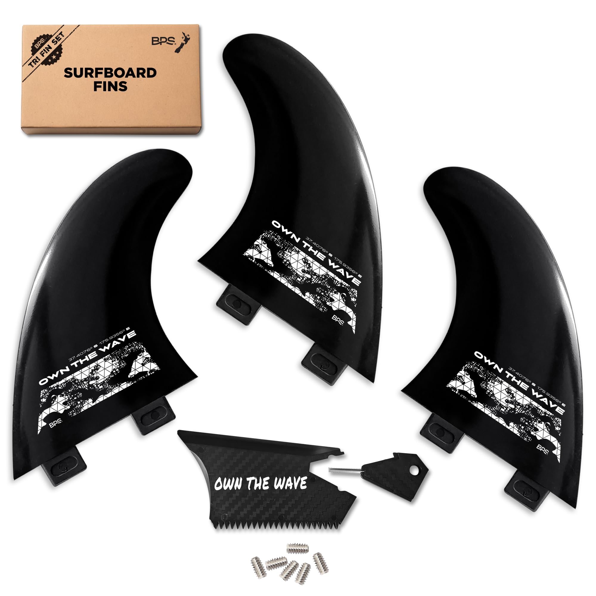 Own the Wave Thruster Fin Set - 3pc Fibreglass Surf Board Fins with FCS G5 M5 Style - Tri-Fin Surfing Fins (Black)