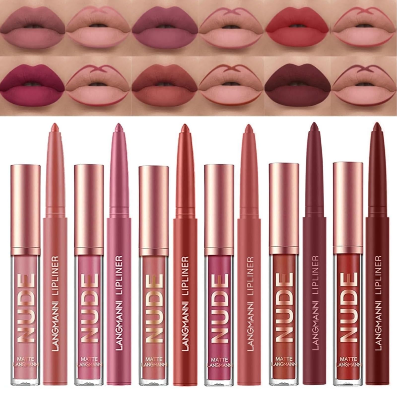 Beauty Searcher 12 pieces lipstick make-up set, 6 pieces velvety, matte, liquid lipsticks + 6 pieces lip liner pencil, waterproof, durable professional lip gloss kit lip make-up gift set