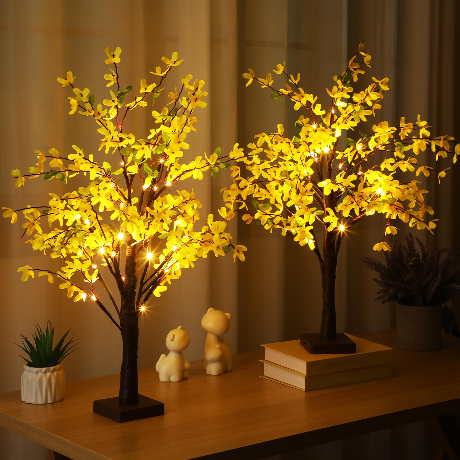 Photo 1 of *** RECOMENDED FOR PARTS/ POSSIBLY MISSING PIECES** Baquler 2 Pcs Fake Forsythia Tree Lamp Artificial Yellow Flowers Tree Lamp Forsythia Stems Birch Tree with LED Lights Spring Artificial Stem Flowers for Easter Home Party Wedding Holiday Spring Decor