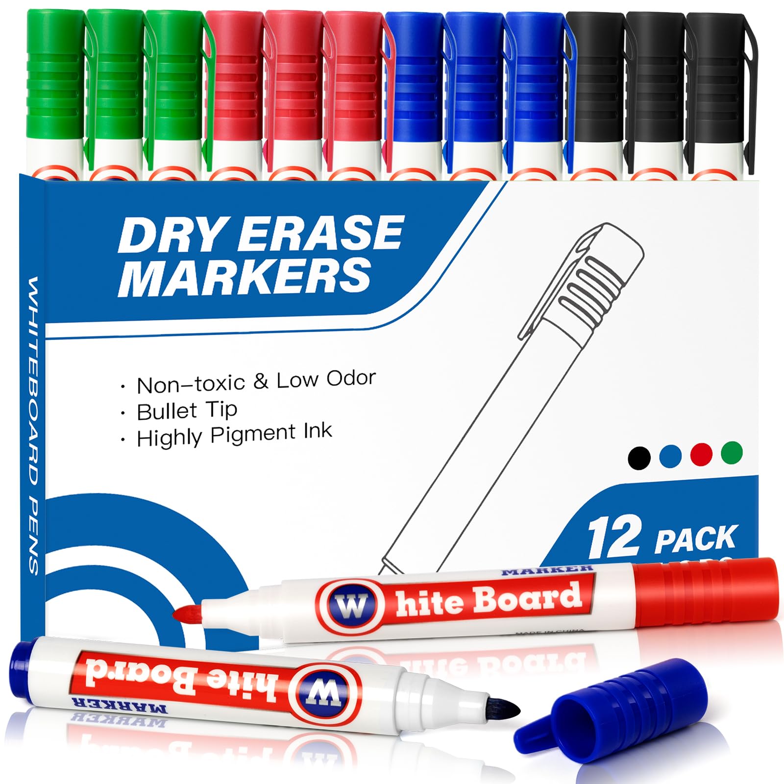 Reaeonat Whiteboard Marker Pens, 4 Assorted Colors Dry Erase Markers, Low Odour Vivid Colour Dry Erase Marker Pen for Home Office Supplies (Pack of 12)