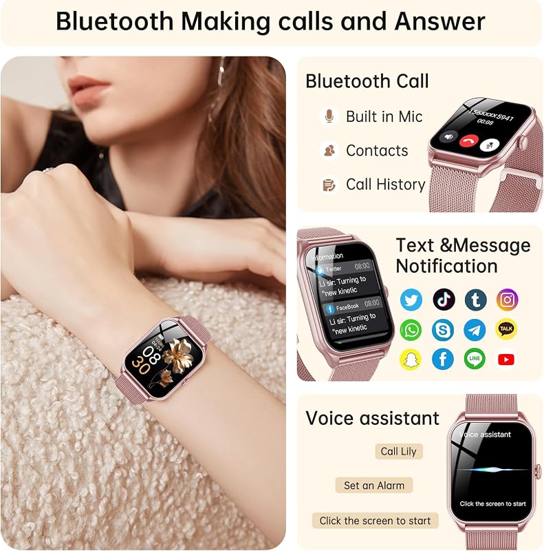 Smartwatch Damen mit Telefonfunktion, 1,83" Zoll Touchscreen Fitness Tracker, 120+ Sportmodi, IP68 Wasserdicht Smart Watch mit Herzfrequenz, Schlafmonitor, Schrittzähler für iOS Android (Rose) — Foto 2 von 7