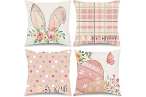 Wironlst Easter Pillow Covers 18x18 Set of 4 Buffalo Plaid Bunny Dots Easter Decorations for Home Spring Throw Pillow Covers Flower Eggs Butterfly Farmhouse Easter Decor