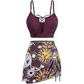 Rosegal Plus Size Women Goth 3PC Skirted Bikini Swimsuits | Gothic 3 Piece Swimsuits, Three Piece Bikini Bathing Suits, Moon Sun Padded Briefs Bikini Set, Cinched Ruched Skirt Set