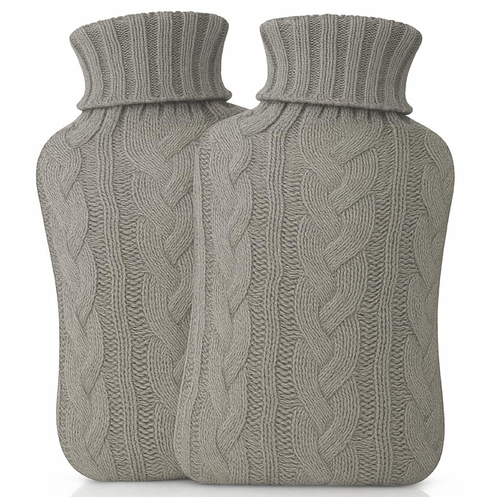 Twin Pack 2L Hot Water Bottle with Cover UK - Natural Rubber 2 Litre Hot Water Bottle - Perfect Hot Water Bag for Pain Relief, Hand Feet Warmer and Cold Compress (Cream Bottles with Grey Covers)