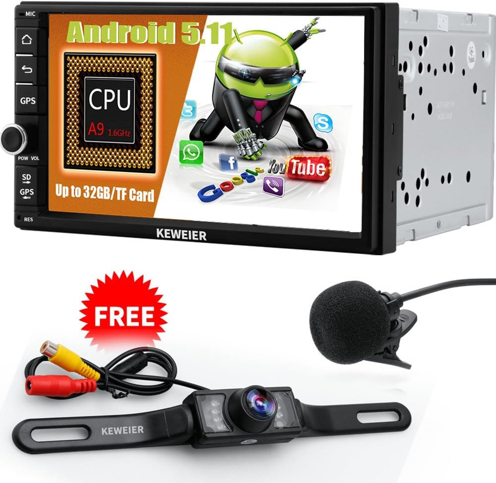 KEWEIER Android Lollipop 2 Din Car Stereo Muti-Touch Screen GPS Navigation System, Quad Core 1024x600, Android 5.1, 7-Inch Display, Bluetooth, AM/FM Receiver and Backup Camera