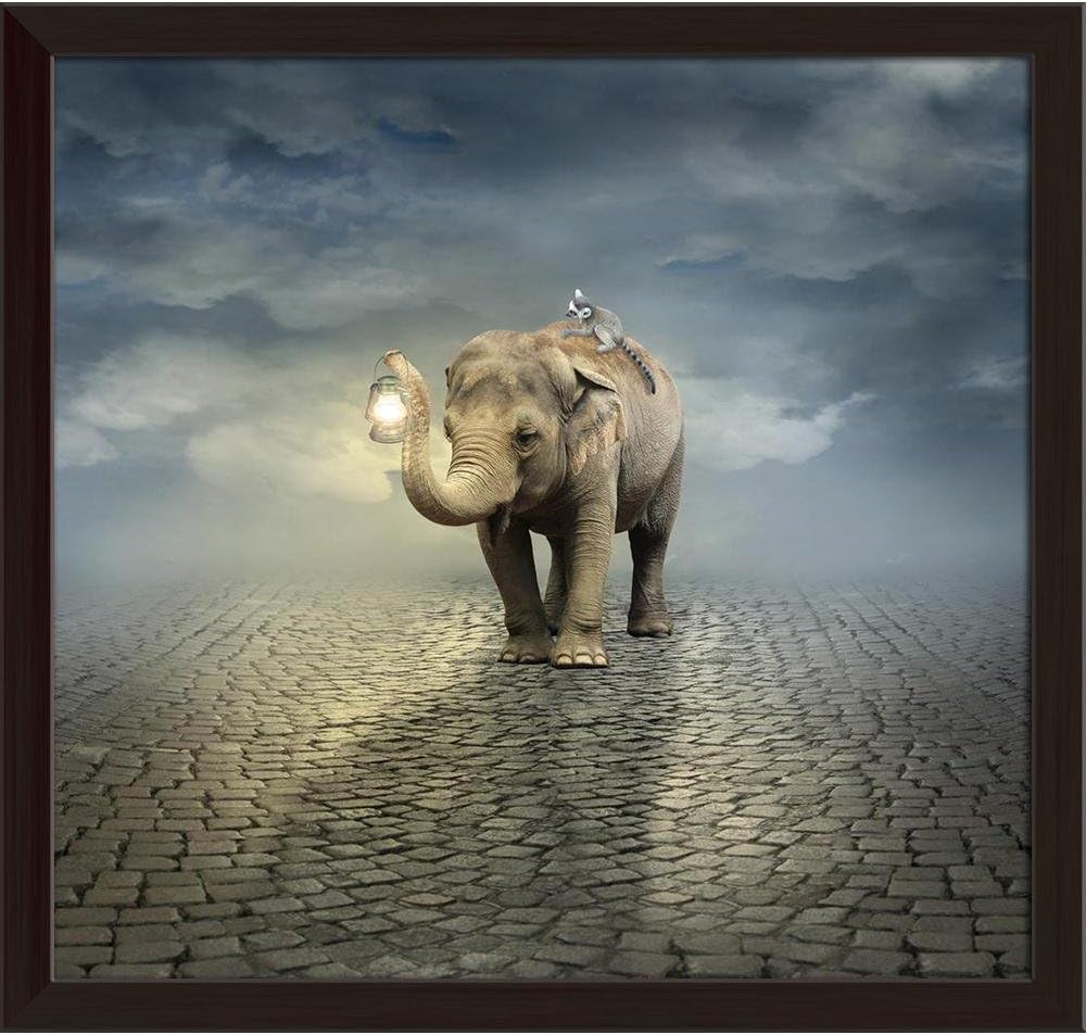 Pitaara Box Elephant Carrying A Lemur & A Lantern Canvas Painting Dark Brown Frame 25.5 X 24.2Inch
