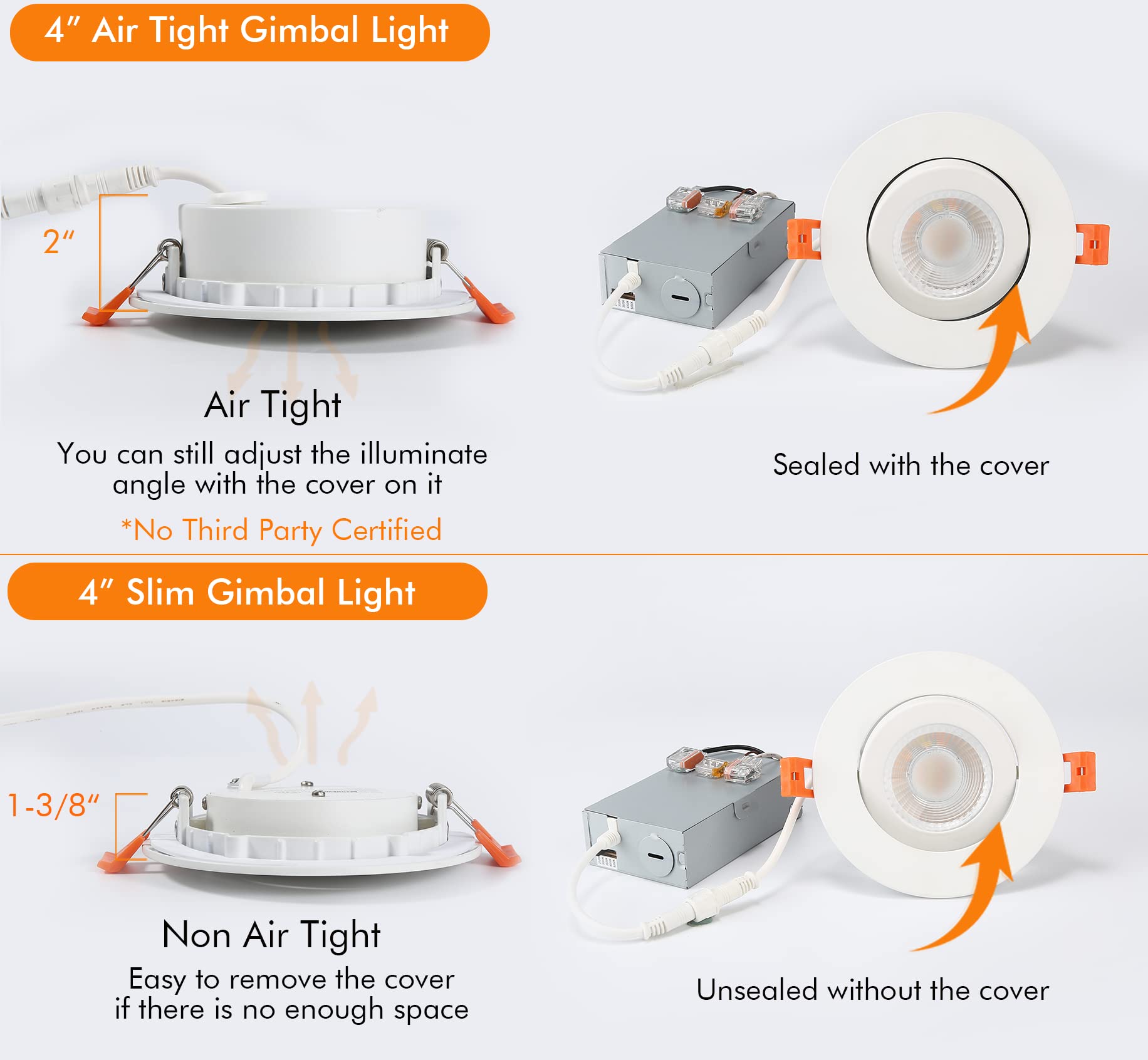 CLOUDY BAY Eyeball 4 inch 5 Color Gimbal LED Recessed Light with Junction Box, 9.5W CRI90+ 2700K/3000K/3500K/4000K/5000K Selectable,Dimmable, Canless Recessed Spotlights, Damp Rated, White,Pack of 6