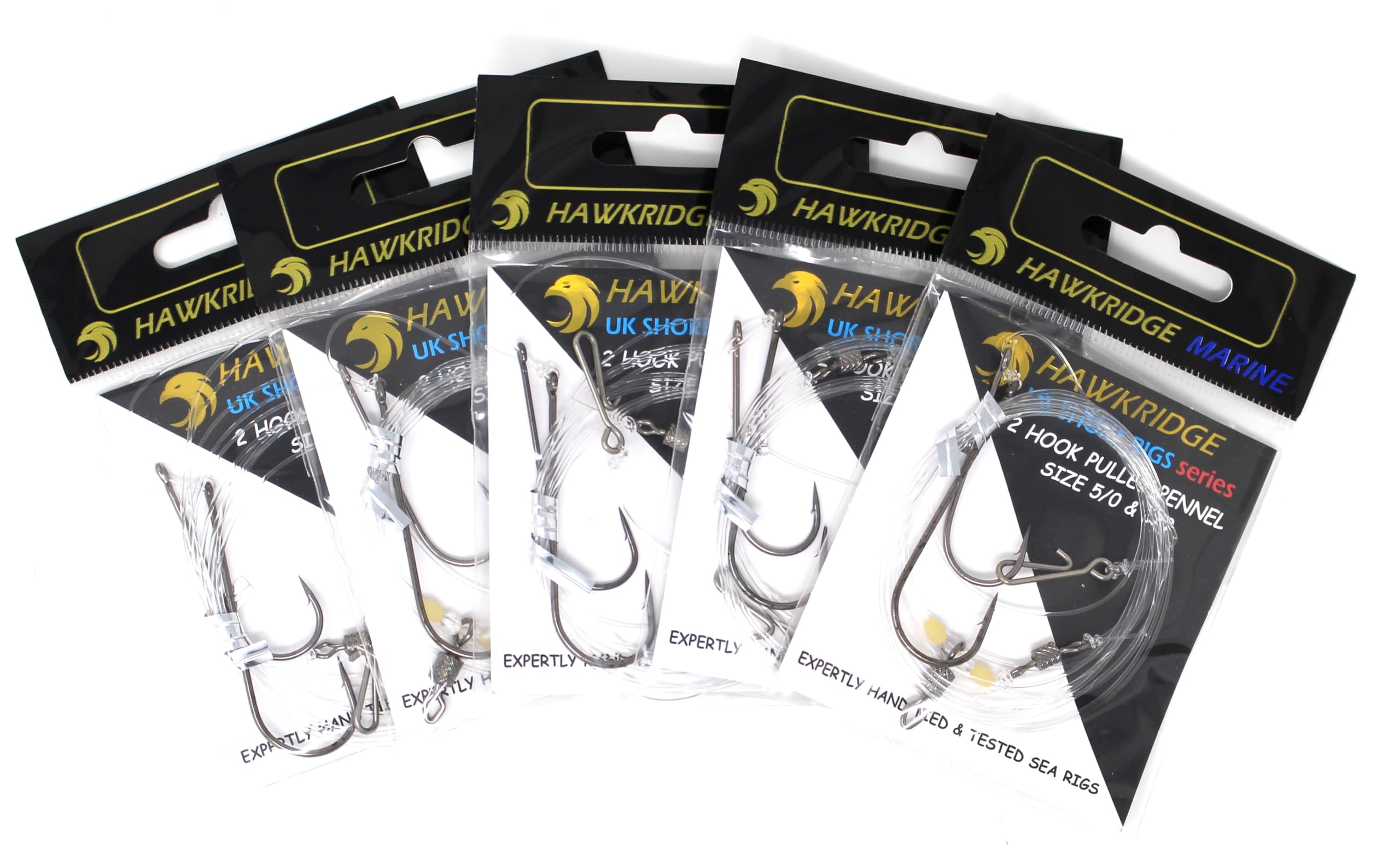 HAWKRIDGE RIG PRO SERIES - 5 Packs of Commercial Quality Fishing Rigs - 2 Hook - PULLEY PENNEL Ready Tied - Ideal for Sea Surf Casting Fishing (Tied to 50lb Snood) (HOOK SIZE - 5/0 & 3/0)