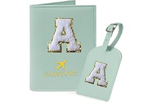 COSHAYSOO Green Passport Cover Holder and Initial Luggage Tag Set TSA Approved with Personalized Monogram Chenille Letter Patch for Women Teen Girls, Cute Travel Bag Suitcase Identifier (A)