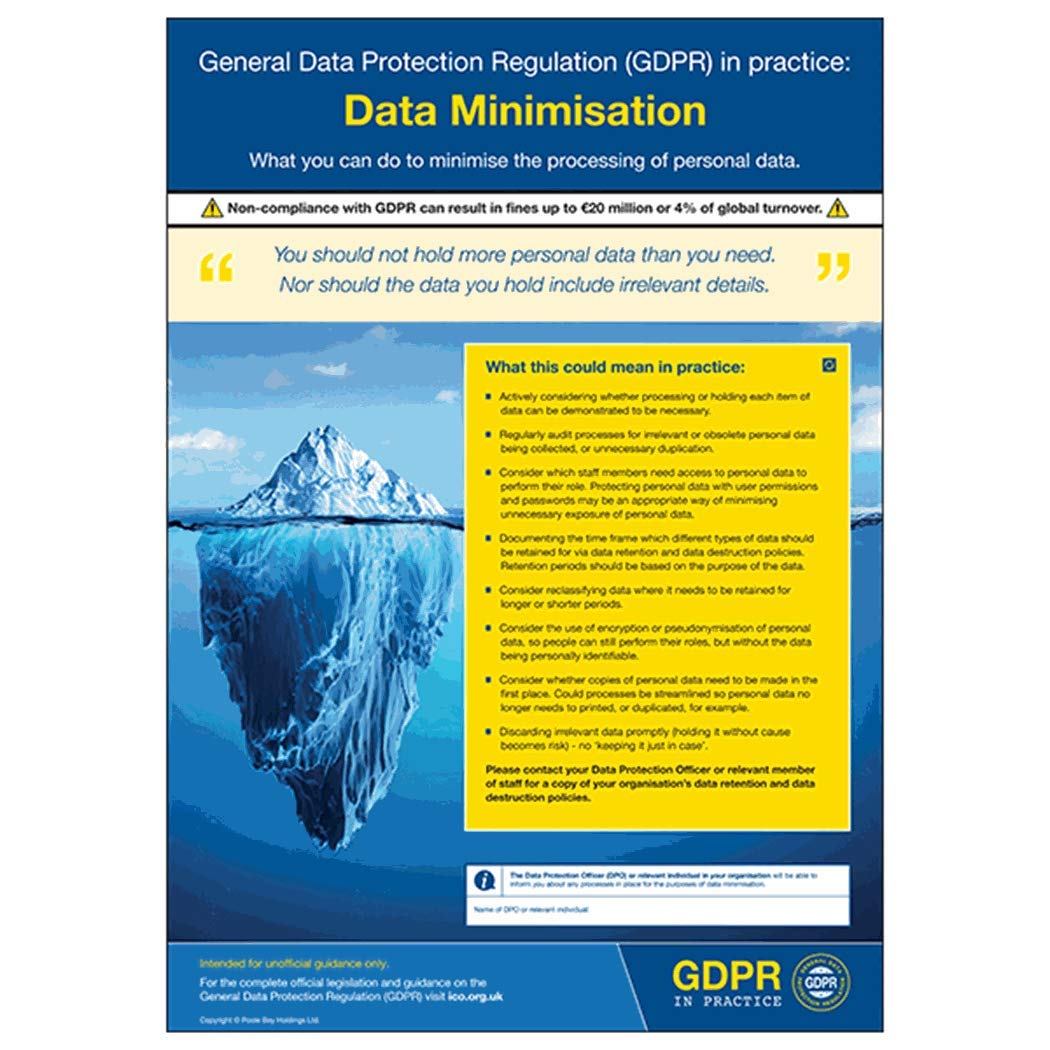 V Safety GDPR Poster - Data Minimisation A2 Poster - 420 x 594 mm - Heavy Duty, yellow, 49.4L x 42W cm